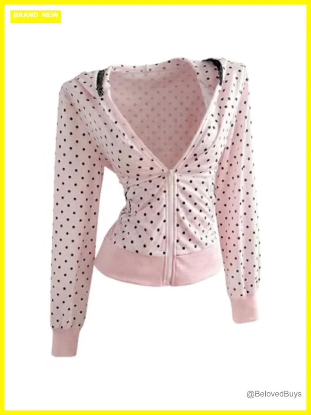 Y2K Polka Dot Lace Trim Zip Up Hoodie Coquette Fitted Sweatshirt Pockets
